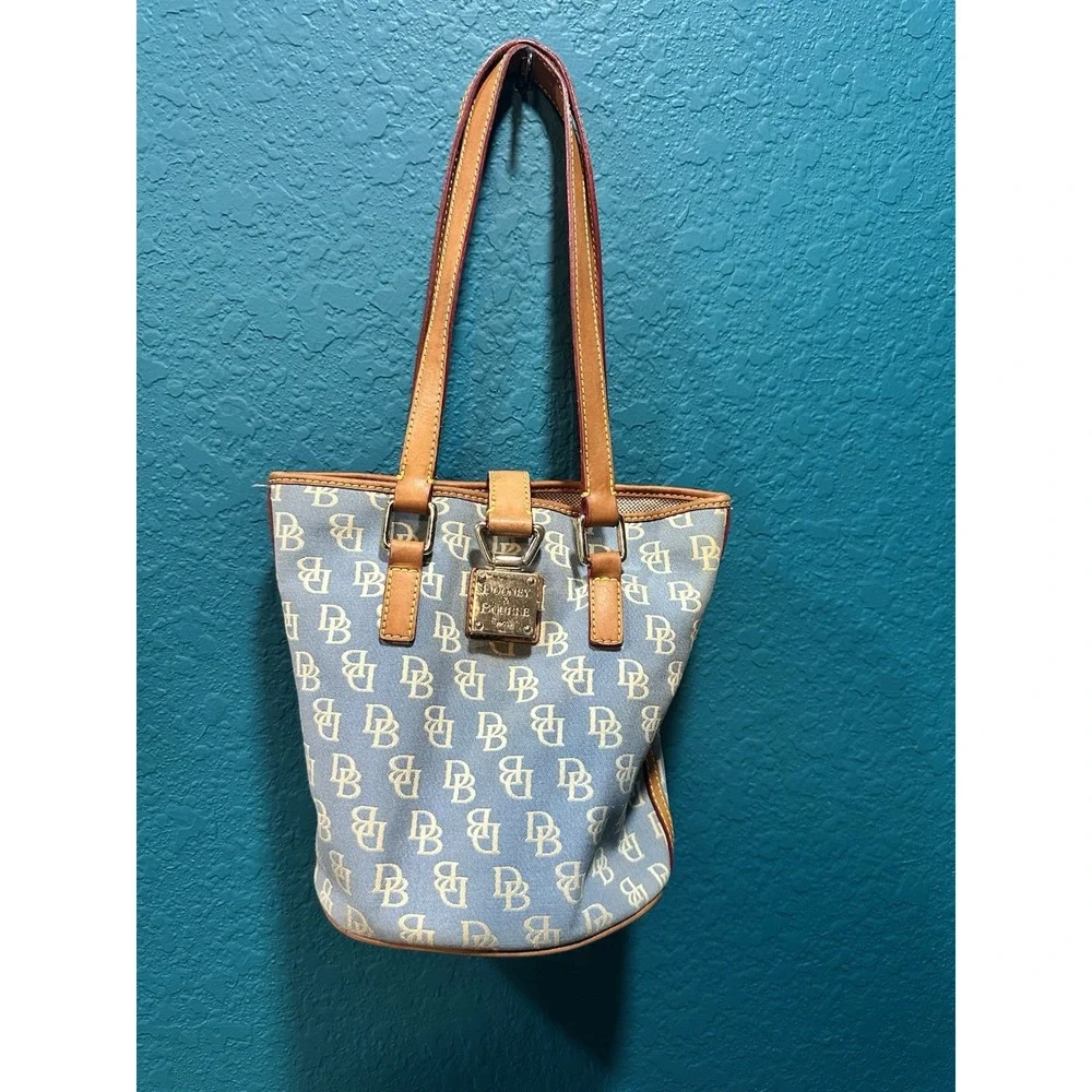 Vintage 1975 Dooney & Bourke Blue and Tan Canvas and Leather Handbag RARE